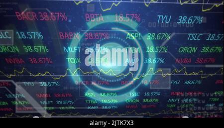 Image of scope scanning with qr code over stock market on black background Stock Photo