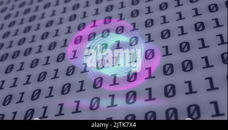 Image of neon circles over digital screen with binary code Stock Photo