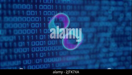 Image of neon circles over digital screen with binary code Stock Photo