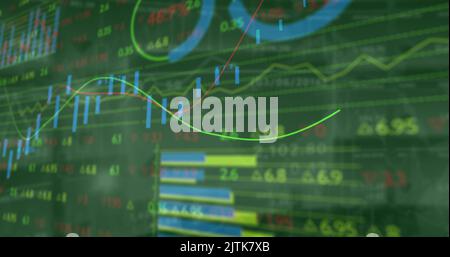Image of financial data processing with graph on green background Stock Photo