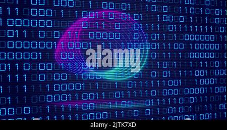 Image of neon circles over digital screen with binary code Stock Photo