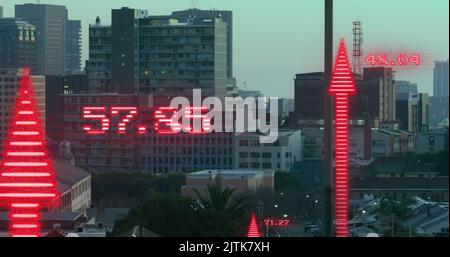 Image of financial data processing with arrows over cityscape Stock Photo