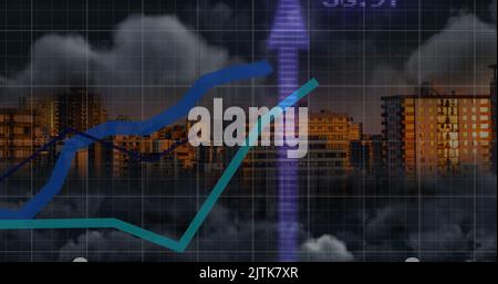 Image of financial data processing with graph and arrows over cityscape Stock Photo