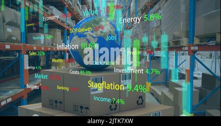 Image of financial data processing with graph over warehouse Stock Photo