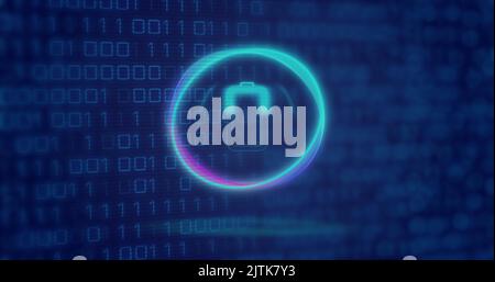 Image of neon circle with battery over digital screen with binary code Stock Photo