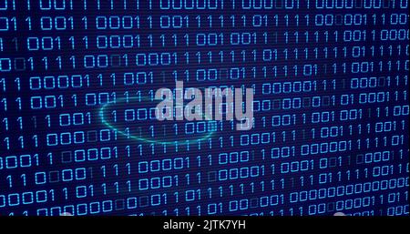 Image of neon circles over digital screen with binary code Stock Photo