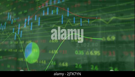 Image of financial data processing with graph on green background Stock Photo