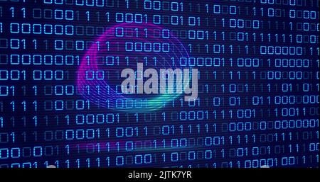 Image of neon circles over digital screen with binary code Stock Photo
