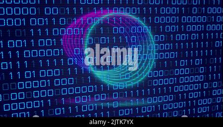 Image of neon circles over digital screen with binary code Stock Photo