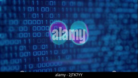 Image of neon circles over digital screen with binary code Stock Photo