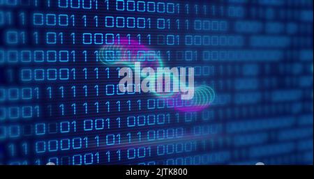 Image of circles over binary code on navy background Stock Photo