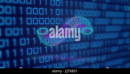 Image of circles over binary code on navy background Stock Photo
