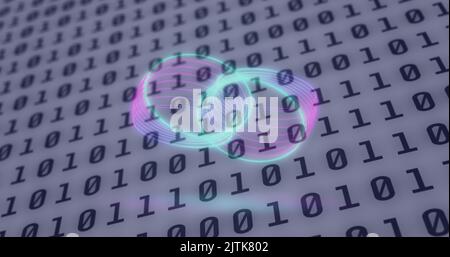 Image of neon circles over digital screen with binary code Stock Photo