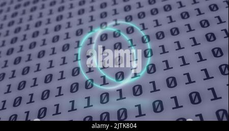 Image of neon circles over digital screen with binary code Stock Photo
