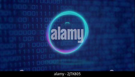Image of neon circle with battery over digital screen with binary code Stock Photo
