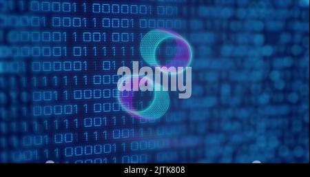 Image of neon circles over digital screen with binary code Stock Photo