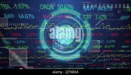 Image of scope scanning with qr code over stock market on black background Stock Photo