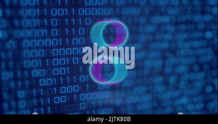 Image of neon circles over digital screen with binary code Stock Photo