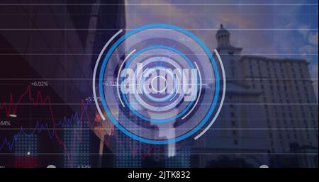 Image of round scanner and statistical data processing against tall buildings Stock Photo