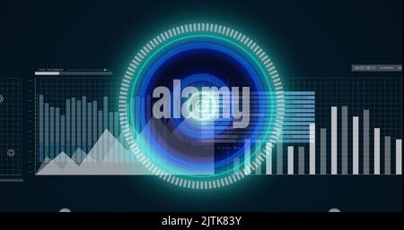 Image of neon round scanner over statistical data processing against blue background Stock Photo