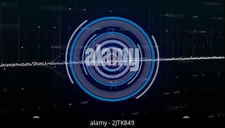 Image of neon round scanner over data processing against black background Stock Photo