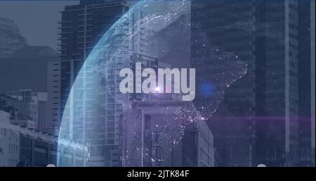 Image of light spots over globe and cityscape Stock Photo