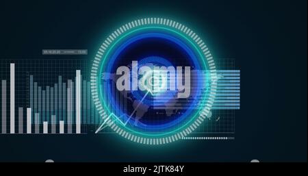 Image of neon round scanner over statistical data processing against blue background Stock Photo