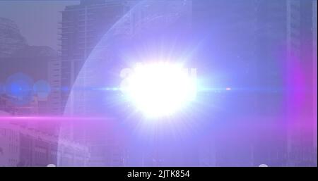 Image of light spots over globe and cityscape Stock Photo