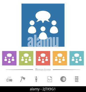 Three talking persons with oval bubble solid flat white icons in square backgrounds. 6 bonus icons included. Stock Vector