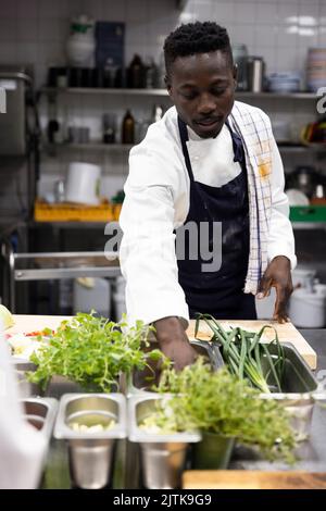 Chef cooking in kitchen of restaurant Stock Photo