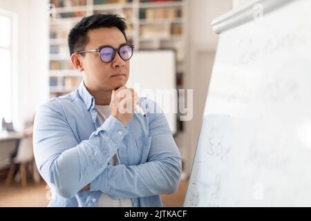 Thoughtful Asian Man Teacher Thinking Looking At Whiteboard In Classroom Stock Photo