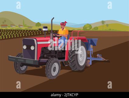 A vector of an Indian farmer riding a tractor Stock Vector