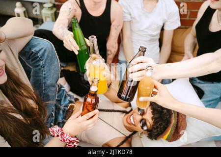Multiracial friends toasting beer bottles Stock Photo