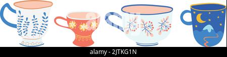 Ceramic cups. Hand drawn tea mug set isolated on white background Stock Vector