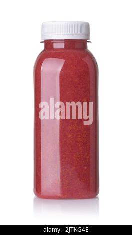 Front view of fresh red fruit smoothie bottle isolated on white Stock Photo