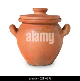 Front view of old clay pot with handles and lid isolated on white Stock Photo