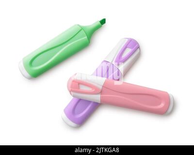 Top view of three highlighter felt pens isolated on white Stock Photo