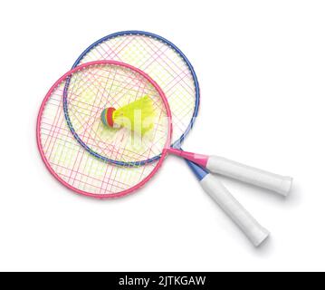 Top view of badminton rackets and shuttlecock set isolated on white Stock Photo