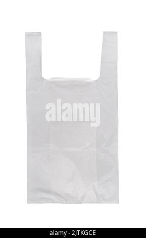 Front view of blank translucent disposable retail plastic bag with handles isolated on white Stock Photo