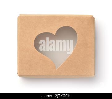 Top view of brown paper box with heart shape window isolated on white Stock Photo