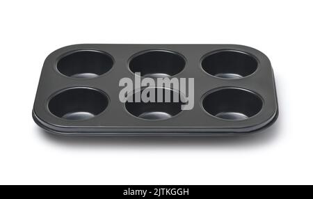 Front view of empty muffin tin tray isolated on white Stock Photo