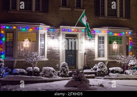 Toronto, ON, Canada – December 25, 2020: House decorated with lights ...