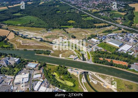 Aerial view, Emscher construction site for Emscherland, Emscher culvert, water crossing Castrop-Rauxel, river Emscher underpass and Rhine-Herne canal, Stock Photo