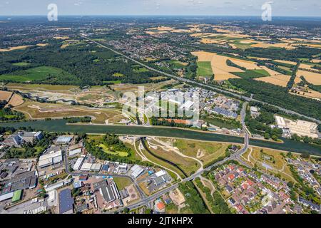 Aerial view, Emscher construction site for Emscherland, Emscher culvert, water crossing Castrop-Rauxel, river Emscher underpass and Rhine-Herne canal, Stock Photo