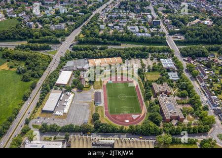 Aerial view, stadium Bahnhofstraße, Willy-Brandt comprehensive school, Rauxel, Castrop-Rauxel, Ruhr area, North Rhine-Westphalia, Germany, Education, Stock Photo