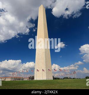 Washington Monument with American flags waving and US Capitol in District of Columbia Stock Photo