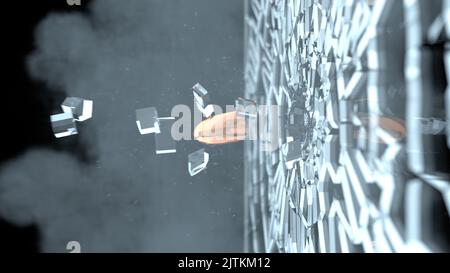 Bullet shot to glass window. Shattered and broken glass after destruction by fired bullet. Smoke and small glass particles. Stock Photo