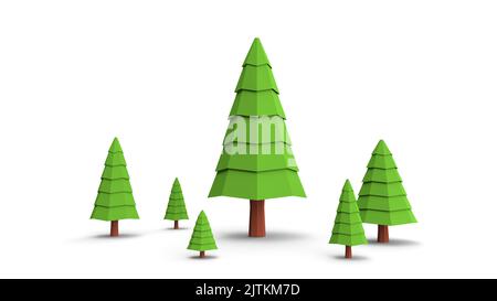 Set of low poly trees pine isolated on white background. 3D nature tree model with shadow on white desk. Useable on landscape environment model or nat Stock Photo