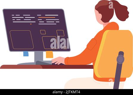Woman looking on code at computer screen. Programmer working isolated on white background Stock Vector