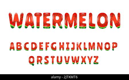Watermelon summer bright font. Cartoon decorative alphabet. Glossy letters isolated on white. For package, poster, banner, T-shirt, brochure design. V Stock Vector